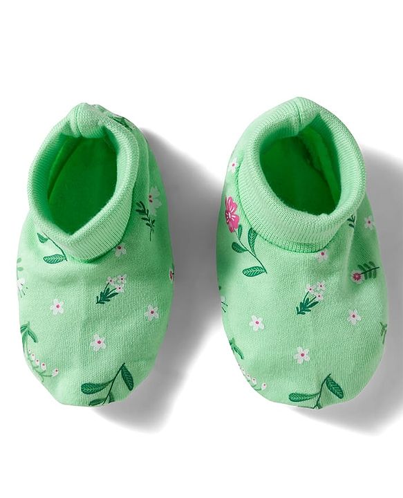 Babyhug 100% Cotton Knit Cap Mittens And Booties with Floral Print Light Green - 14.5 cm Diameter