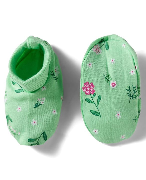 Babyhug 100% Cotton Knit Cap Mittens And Booties with Floral Print Light Green - 14.5 cm Diameter