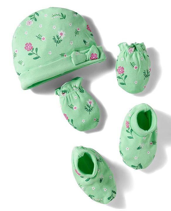 Babyhug 100% Cotton Knit Cap Mittens And Booties with Floral Print Light Green - 14.5 cm Diameter