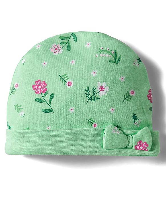 Babyhug 100% Cotton Knit Cap Mittens And Booties with Floral Print Light Green - 14.5 cm Diameter