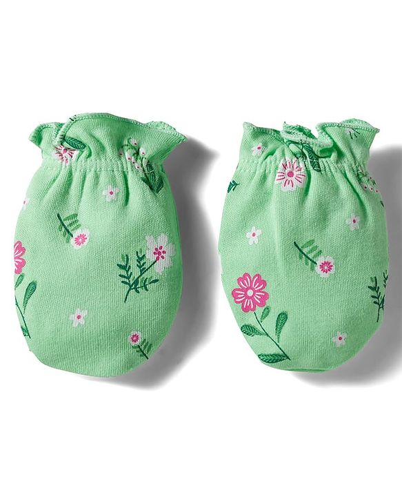 Babyhug 100% Cotton Knit Cap Mittens And Booties with Floral Print Light Green - 14.5 cm Diameter