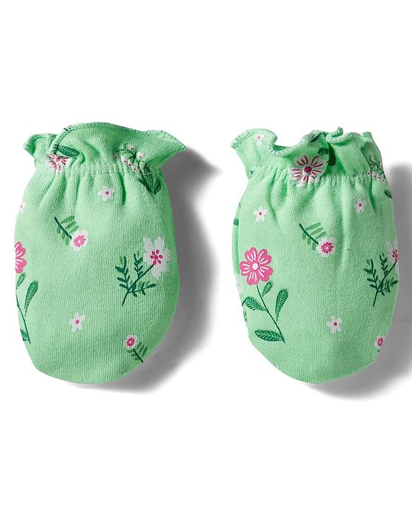 Babyhug 100% Cotton Knit Cap Mittens And Booties with Floral Print Light Green - 14.5 cm Diameter