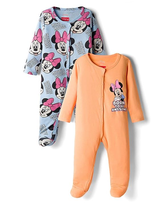 Babyhug Disney Interlock Knit Sleepsuits With Minnie Mouse Graphics Pack Of 2 - Orange & Light Blue