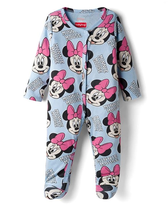 Babyhug Disney Interlock Knit Sleepsuits With Minnie Mouse Graphics Pack Of 2 - Orange & Light Blue