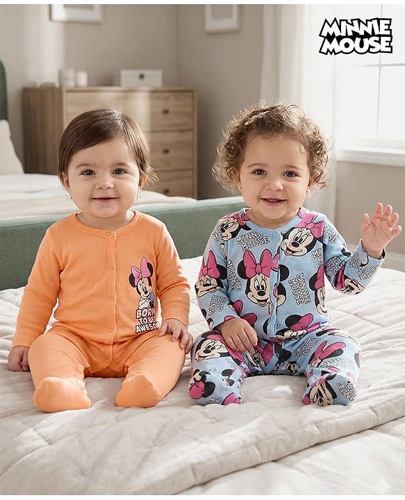 Babyhug Disney Interlock Knit Sleepsuits With Minnie Mouse Graphics Pack Of 2 - Orange & Light Blue