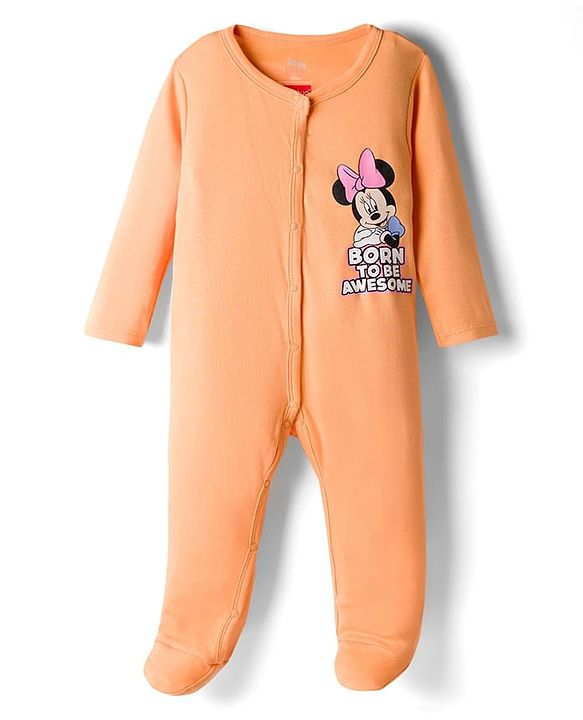 Babyhug Disney Interlock Knit Sleepsuits With Minnie Mouse Graphics Pack Of 2 - Orange & Light Blue