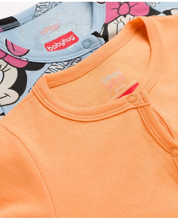 Babyhug Disney Interlock Knit Sleepsuits With Minnie Mouse Graphics Pack Of 2 - Orange & Light Blue