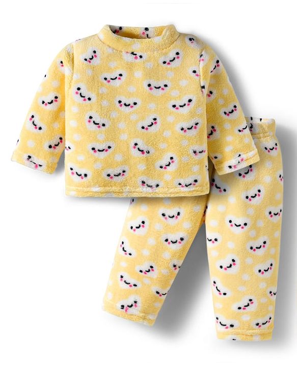 Babyhug Velour Knit Full Sleeves Winter Wear Night Suit With Heart Print - Yellow