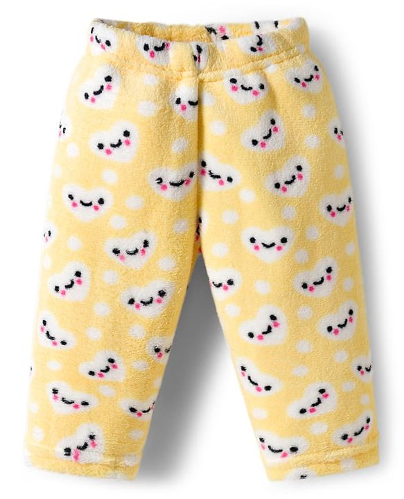 Babyhug Velour Knit Full Sleeves Winter Wear Night Suit With Heart Print - Yellow