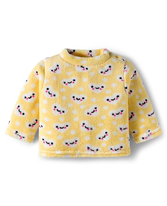 Babyhug Velour Knit Full Sleeves Winter Wear Night Suit With Heart Print - Yellow