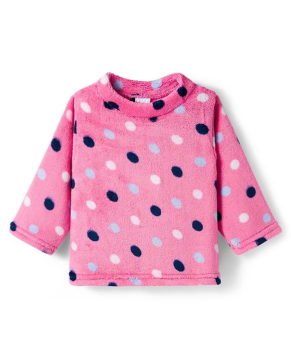 Babyhug Velour Knit Full Sleeves Co-ords Night Suit With Polka Dots - Pink