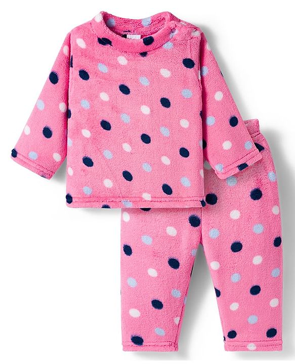 Babyhug Velour Knit Full Sleeves Co-ords Night Suit With Polka Dots - Pink