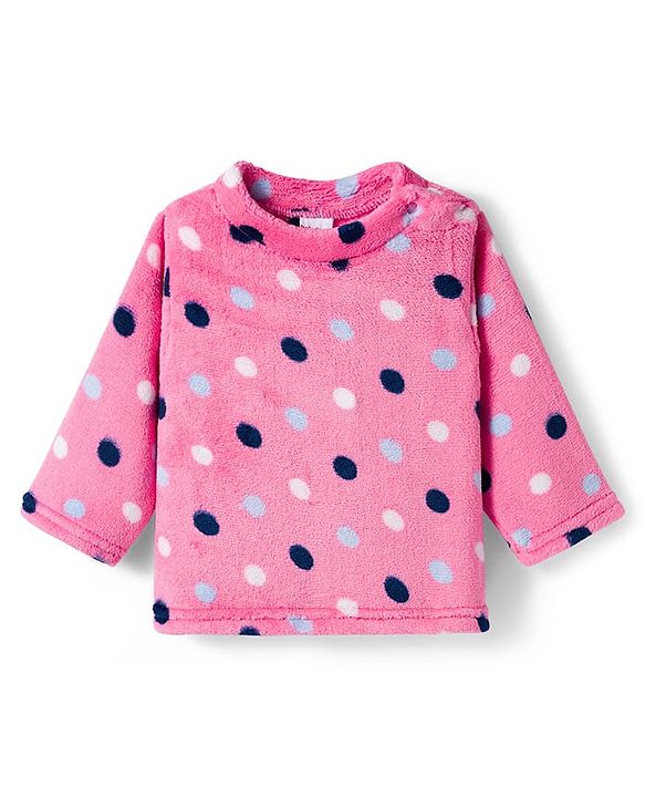 Babyhug Velour Knit Full Sleeves Co-ords Night Suit With Polka Dots - Pink
