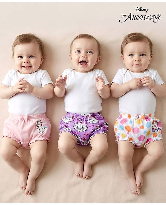 Babyhug Disney Lycra Knit Bloomer with Marie Graphic & Bow Applique Pack of 3 - Lilac White & Pink