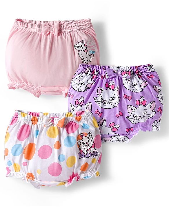 Babyhug Disney Lycra Knit Bloomer with Marie Graphic & Bow Applique Pack of 3 - Lilac White & Pink