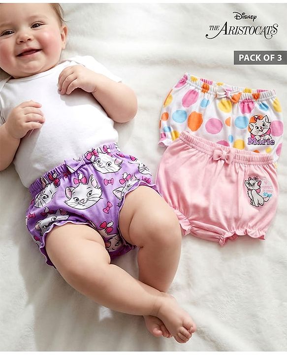 Babyhug Disney Lycra Knit Bloomer with Marie Graphic & Bow Applique Pack of 3 - Lilac White & Pink