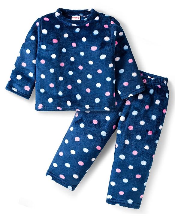 Babyhug Velour Knit Full Sleeves Co-ords Winter Night Suit with Polka Dot Print - Navy Blue