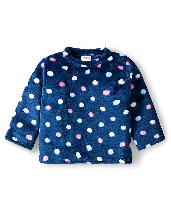 Babyhug Velour Knit Full Sleeves Co-ords Winter Night Suit with Polka Dot Print - Navy Blue