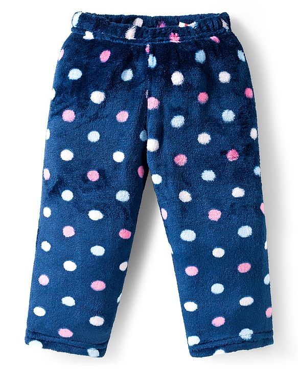 Babyhug Velour Knit Full Sleeves Co-ords Winter Night Suit with Polka Dot Print - Navy Blue