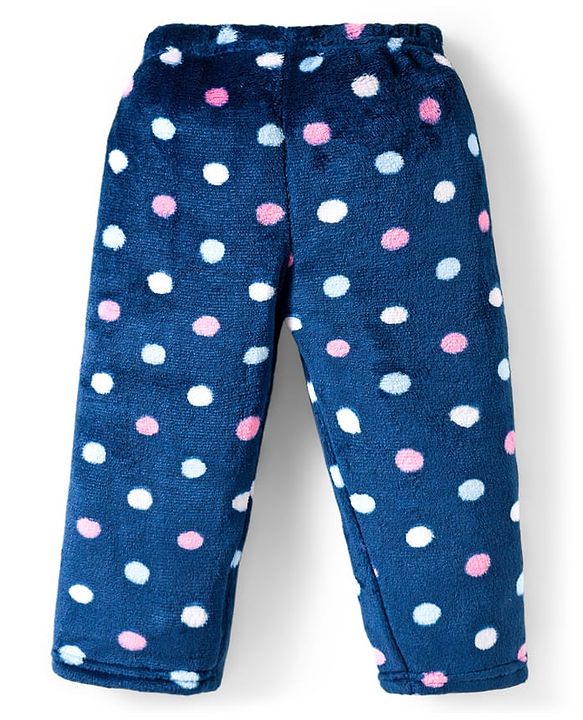 Babyhug Velour Knit Full Sleeves Co-ords Winter Night Suit with Polka Dot Print - Navy Blue