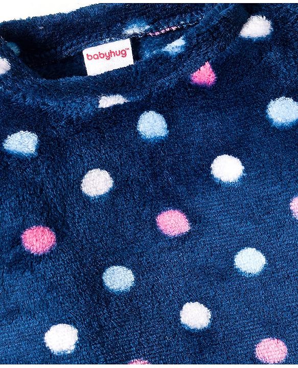 Babyhug Velour Knit Full Sleeves Co-ords Winter Night Suit with Polka Dot Print - Navy Blue
