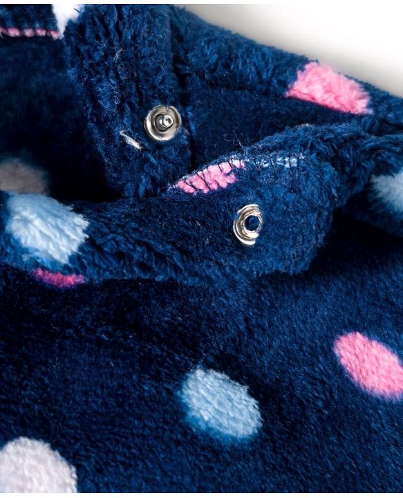 Babyhug Velour Knit Full Sleeves Co-ords Winter Night Suit with Polka Dot Print - Navy Blue