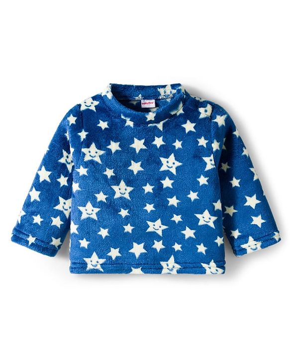 Babyhug Velour Knit Full Sleeves Winter Wear Co-ords Night Suit With Star Print - Navy Blue