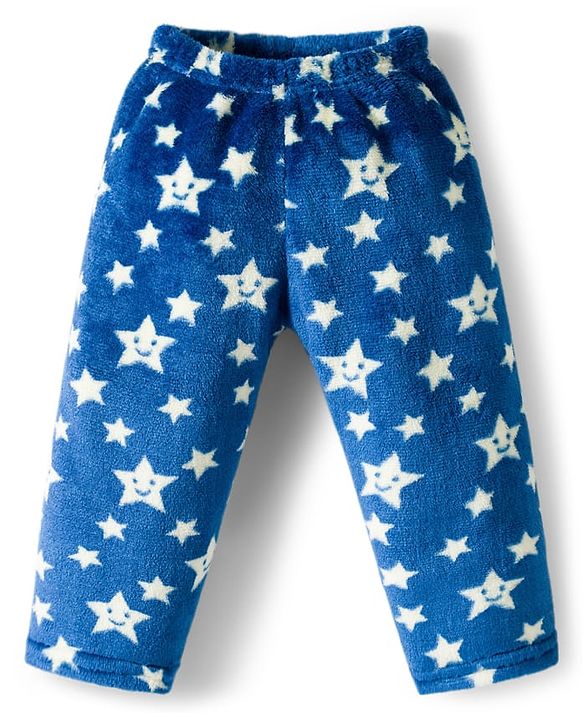 Babyhug Velour Knit Full Sleeves Winter Wear Co-ords Night Suit With Star Print - Navy Blue