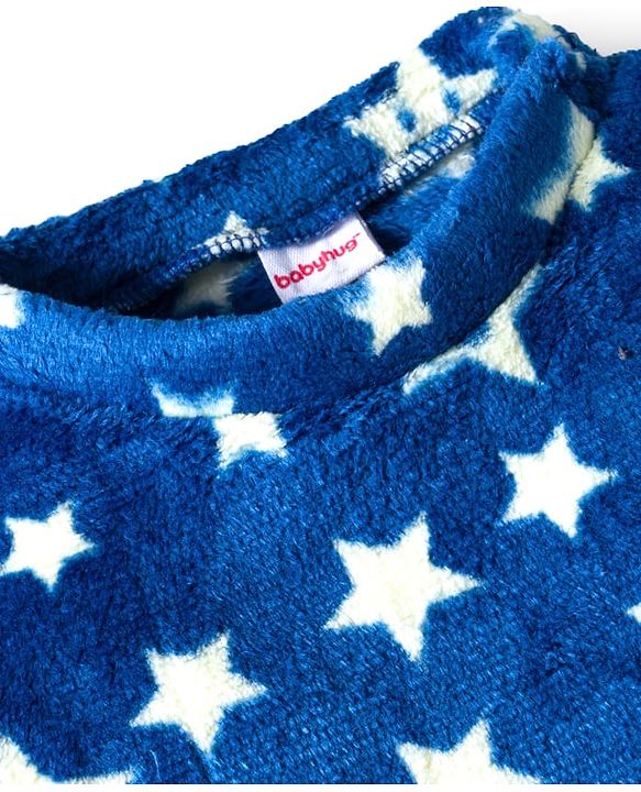 Babyhug Velour Knit Full Sleeves Winter Wear Co-ords Night Suit With Star Print - Navy Blue