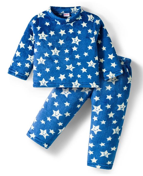 Babyhug Velour Knit Full Sleeves Winter Wear Co-ords Night Suit With Star Print - Navy Blue