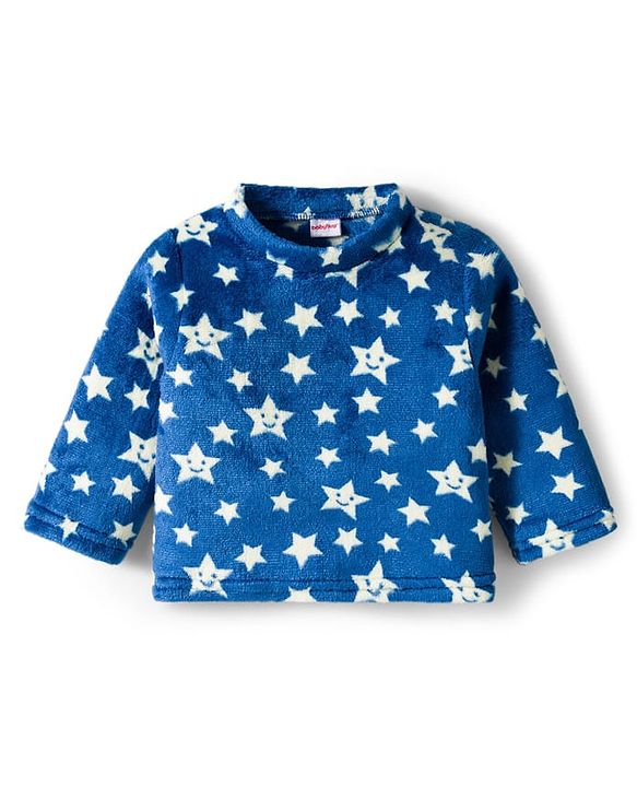 Babyhug Velour Knit Full Sleeves Winter Wear Co-ords Night Suit With Star Print - Navy Blue