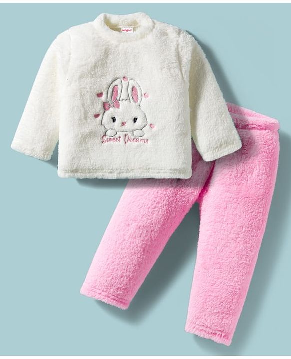 Babyhug Velour Knit Full Sleeves WInter Wear Night Suit With Bunny Print - White & Pink