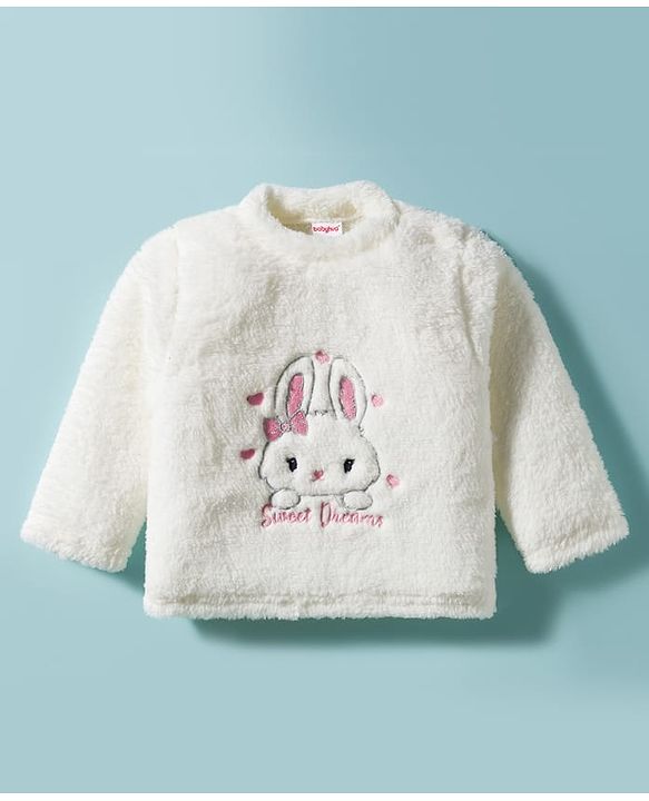 Babyhug Velour Knit Full Sleeves WInter Wear Night Suit With Bunny Print - White & Pink