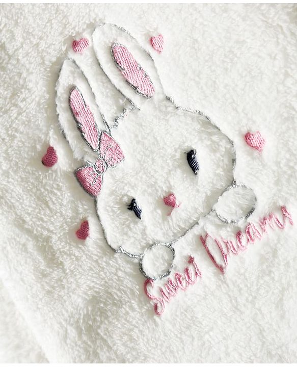 Babyhug Velour Knit Full Sleeves WInter Wear Night Suit With Bunny Print - White & Pink