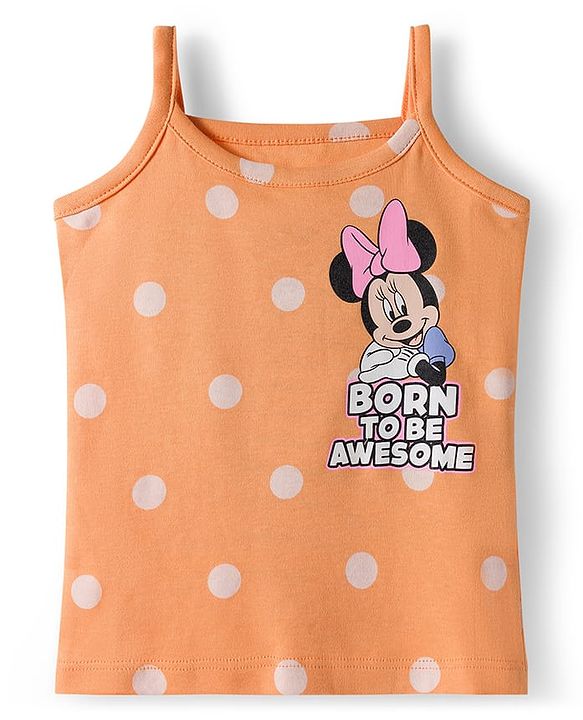 Babyhug Disney Lycra Knit Sleeveless Slips with Minnie Mouse Graphic & Polka Dot Pack of 3 - Light Blue Orange & Dark Pink