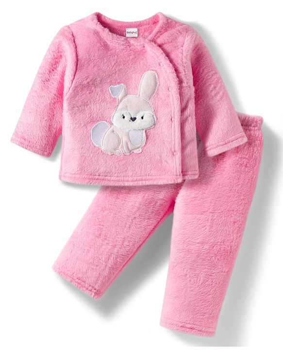 Babyhug Velour Knit Full Sleeves Winter Night Suit with Rabbit Embroidery - Pink