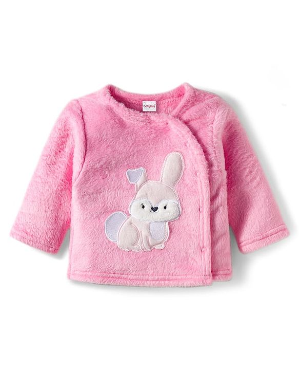 Babyhug Velour Knit Full Sleeves Winter Night Suit with Rabbit Embroidery - Pink