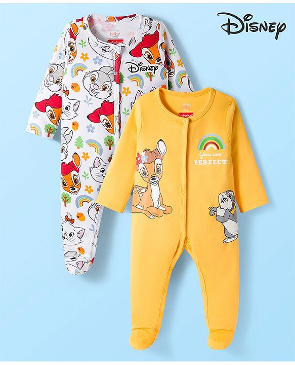 Babyhug Disney Interlock Knit Full Sleeves Footed Sleepsuit With Marie Graphics Pack Of 2 - White & Yellow