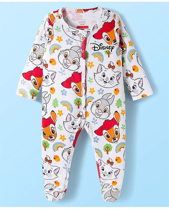 Babyhug Disney Interlock Knit Full Sleeves Footed Sleepsuit With Marie Graphics Pack Of 2 - White & Yellow