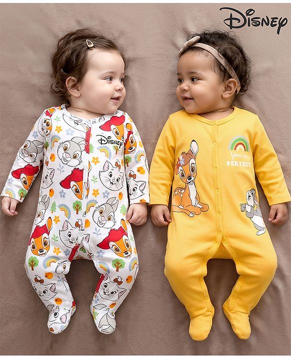 Babyhug Disney Interlock Knit Full Sleeves Footed Sleepsuit With Marie Graphics Pack Of 2 - White & Yellow