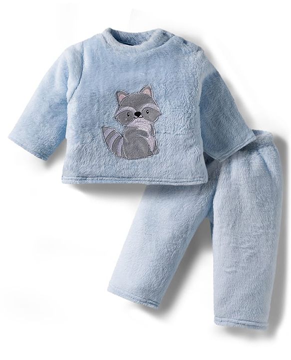 Babyhug Velour Knit Full Sleeves Winter Night Suit with Racoon Embroidery - Blue