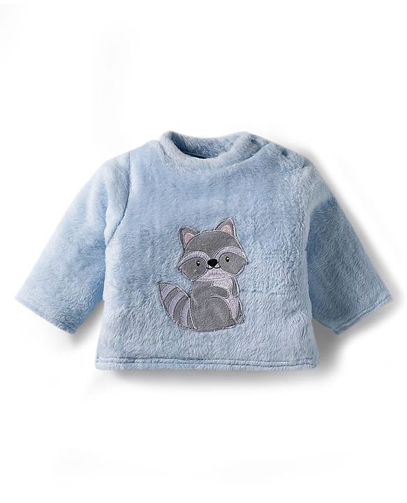Babyhug Velour Knit Full Sleeves Winter Night Suit with Racoon Embroidery - Blue