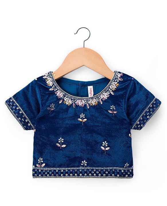 Babyhug Velour Woven Half Sleeves Floral Embroidered Choli Lahenga Set with Dupatta - Navy