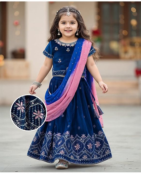 Babyhug Velour Woven Half Sleeves Floral Embroidered Choli Lahenga Set with Dupatta - Navy