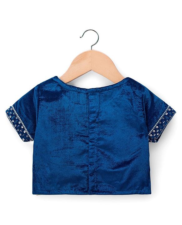 Babyhug Velour Woven Half Sleeves Floral Embroidered Choli Lahenga Set with Dupatta - Navy
