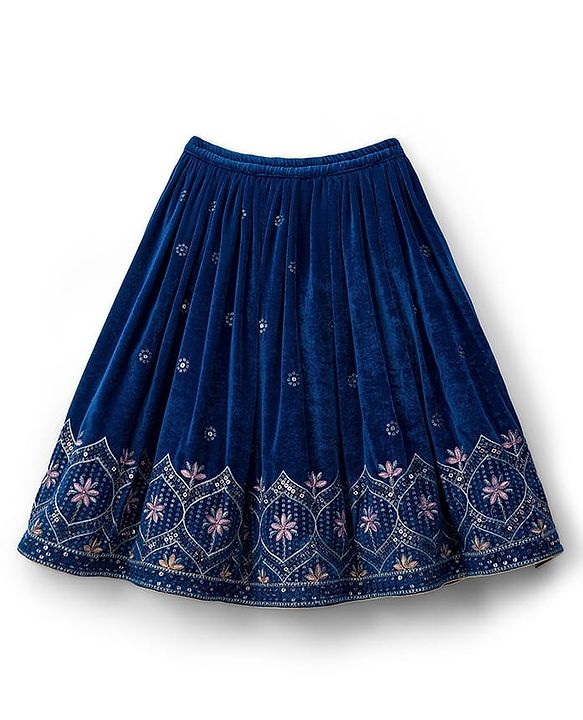 Babyhug Velour Woven Half Sleeves Floral Embroidered Choli Lahenga Set with Dupatta - Navy