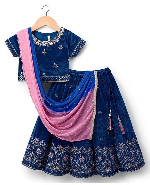 Babyhug Velour Woven Half Sleeves Floral Embroidered Choli Lahenga Set with Dupatta - Navy
