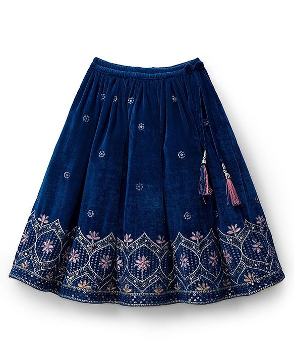 Babyhug Velour Woven Half Sleeves Floral Embroidered Choli Lahenga Set with Dupatta - Navy