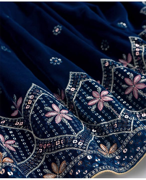 Babyhug Velour Woven Half Sleeves Floral Embroidered Choli Lahenga Set with Dupatta - Navy