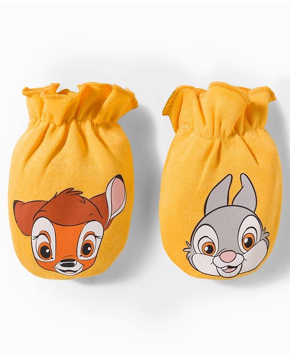 Babyhug Disney Interlock Knit Cap Mittens & Booties Set With Bambi & Friends Graphic Yellow - Diameter 9.5 cm